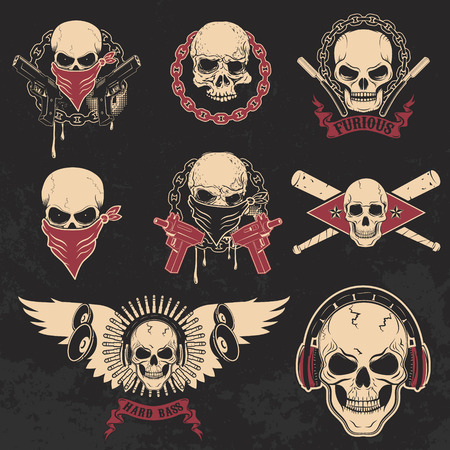 Set of skulls emblems. T-shirt print templates. Dj skull, biker skull, skull with blades. Design templates and elements.のイラスト素材