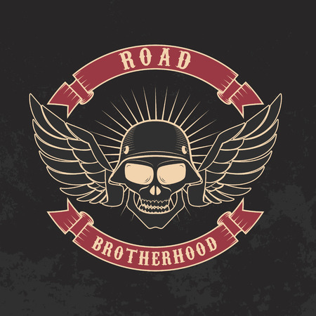 Road brotherhood. Skull in motorcycle helmet and goggles on grunge background. Design element in vector.のイラスト素材