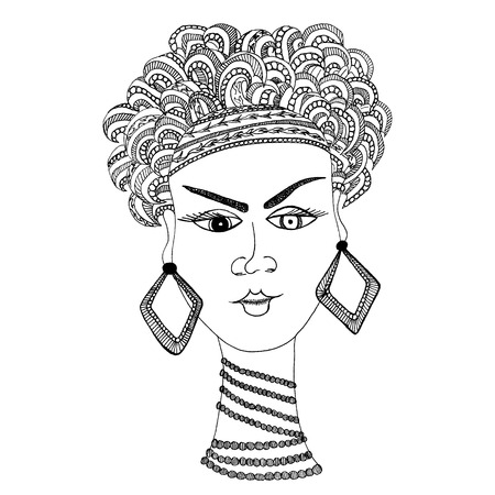 hand draw woman in african style. portrait of african women.Doodle style.のイラスト素材