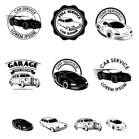 Set of car service labels. Set of vintage cars icons. Design elements for  label, badge, emblem. Design elements in vector.のイラスト素材