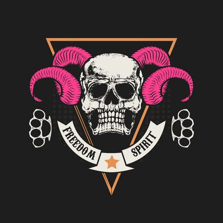 Skull with horns. Skull in grunge style and two brass knuckle. Design elements for t-shirt print, poster. illustration.のイラスト素材