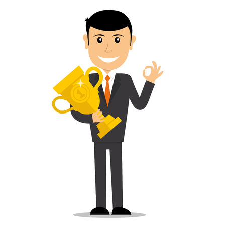 Winners businessman character. First winner hold the trophy. Business concept. illustration.のイラスト素材