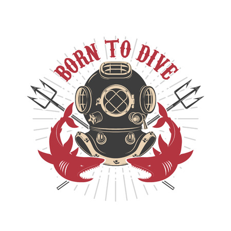 Vintage diver helmet with trident and sharks. Design elements, label, emblem, sign.のイラスト素材