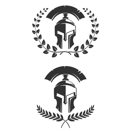 Set of the emblems templates with helmet. Spartan warrior helmets with laurel wreaths. Design elements for logo, label, emblem, sign. Vector illustration.のイラスト素材