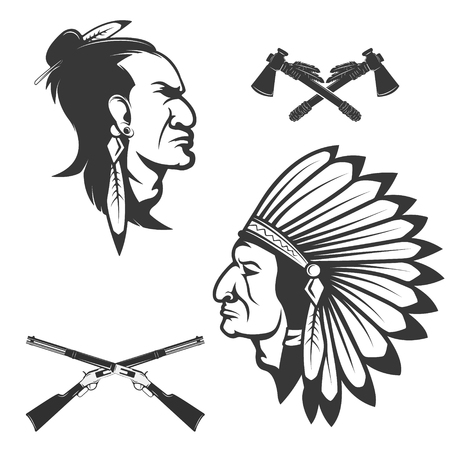 Set of american native chief heads. American indians headdress and weapon. Crossed tomahawks.  Design elements for logo, label, emblem, sign, badge, brand mark.のイラスト素材