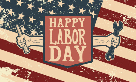 Happy labor day poster template. Flag of USA on grunge background. Vector illustration.のイラスト素材