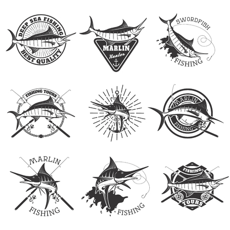 Marlin fishing. Swordfish icons. Deep sea fishing. Design elements for emblem, sign, brand mark. Vector illustration.のイラスト素材