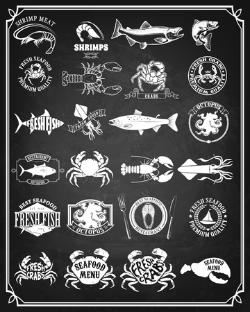 Set of seafood labels and badges. Design element for logo, label, emblem, sign. Vector illustration.のイラスト素材