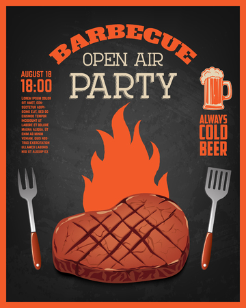 Barbecue open air party flyer template. Grilled meat on dark background. Vector illustration.のイラスト素材