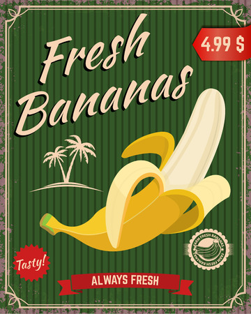 Fresh bananas. Banana illustration in retro style on grunge background. poster template. Vector illustration.のイラスト素材