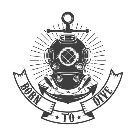 Born to dive. Vintage style diver helmet with anchor isolated on white background. Diving club or school emblem template. Vector illustration.のイラスト素材