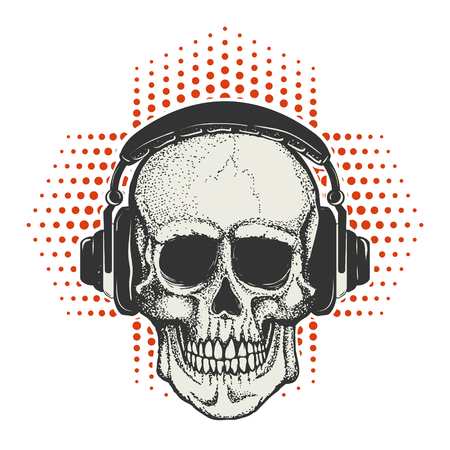 Hand drawn human Skull in headphones.  Design element for t-shirt, poster. Vector illustration.のイラスト素材