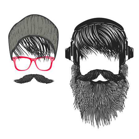 Set of Hipster hairstyle. Men with beard and headphones. Design elements for poster, t-shirt print. Vector illustration.のイラスト素材