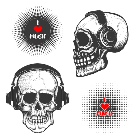 Set of the hand drawn skulls in headphones isolated on white background. I love music. Vector illustration.のイラスト素材