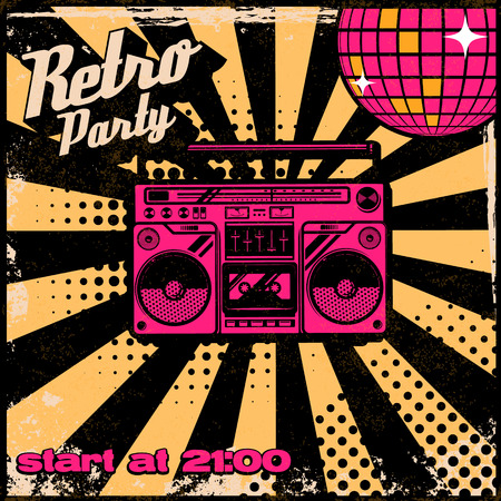 Retro party poster template with boombox on grunge background. Design elements for poster, flyer. Vector illustration.のイラスト素材