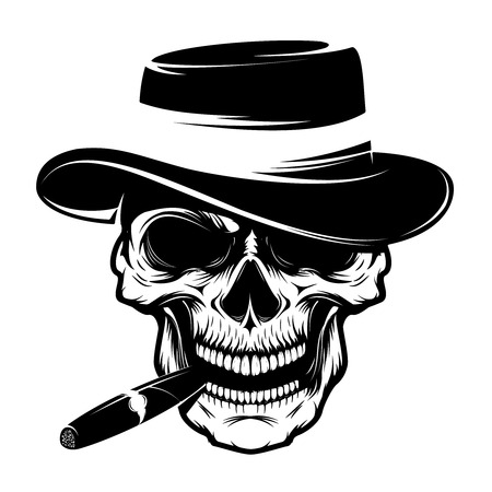 Skull with cigar and hat. Design element for emblem, badge, sign, t-shirt print. Vector illustration.のイラスト素材