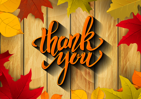 Thank You. Hand drawn lettering with yellow autumn leaves on wooden background. Design element for poster, flyer, greeting card. Vector illustration.のイラスト素材