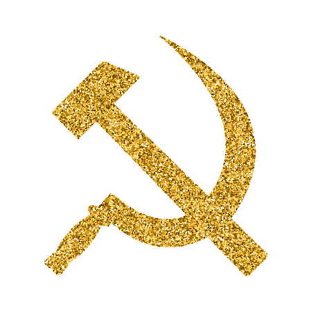 hammer and sickle. USSR sign with golden flares on dark background. Design element for poster, greeting card. Vector illustration.のイラスト素材