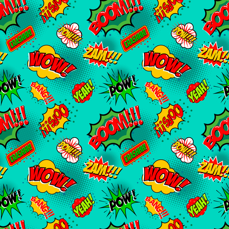 Seamless pattern with comic style phrases. Pop art style quotes. Vector design element.のイラスト素材