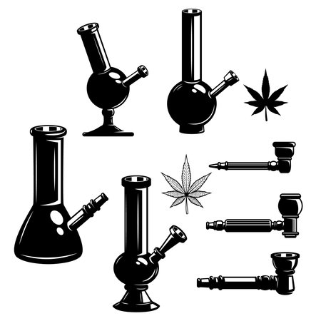 Set of cannabis leaves, bongs. Marijuana labels, badges, emblems and design elements. medical marijuana.のイラスト素材