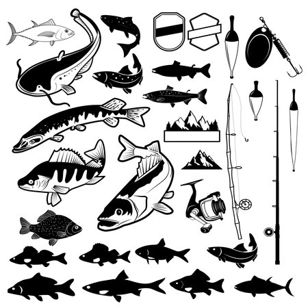 Set of Fishing club logo templates and design elements. fish silhouettes. Fishing rods and fishing lures. Design elements in vector.のイラスト素材
