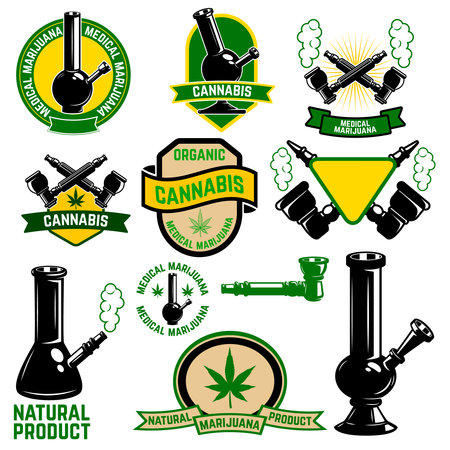 Set of cannabis labels. Medical marijuana, bong shop. Design elements for logo, label, emblem, sign, brand mark.のイラスト素材