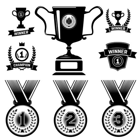 Set of medal icons, trophy, first place icons. Design elements in vector.のイラスト素材