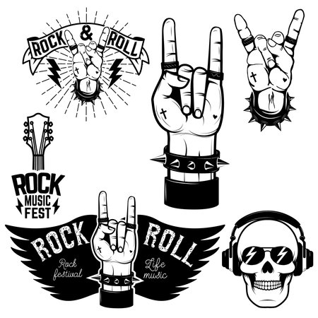 Set of the human hands with Rock and roll symbol. Rock and roll festival. Design elements for poster, emblem. Vector illustration.のイラスト素材