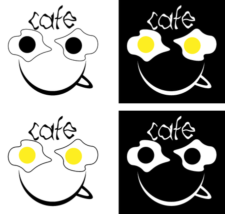 fried eggs and a cup of coffee, inscription cafe minimalist logoのイラスト素材