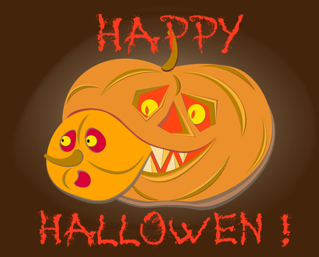 a large pumpkin eating a small pumpkin of a happy hallowen papercut creative logoのイラスト素材