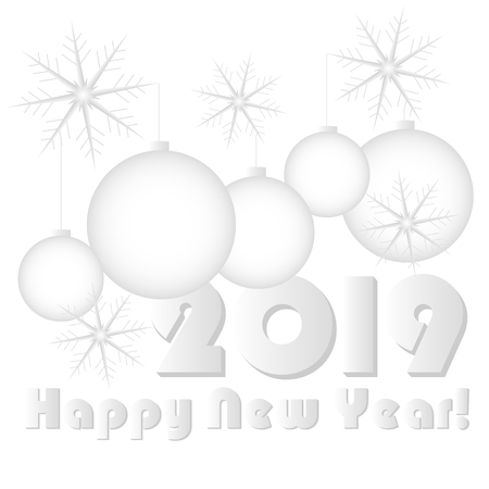 happy new year 2019 white greeting card snowflakes and balls art typographyのイラスト素材