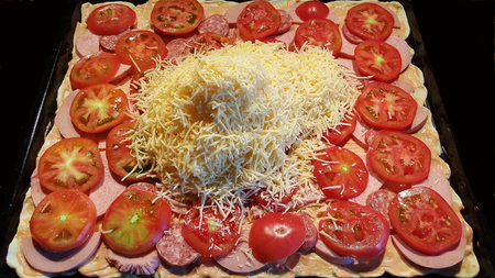 homemade pizza with two types of sausages, prepared for bakingの写真素材