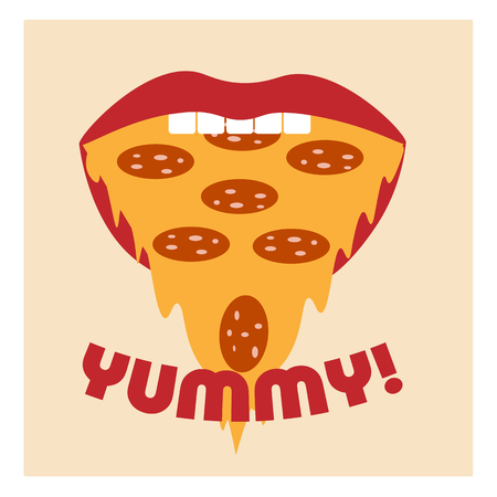 mouth with a slice of pizza instead of tongue and the inscription YUMMYのイラスト素材