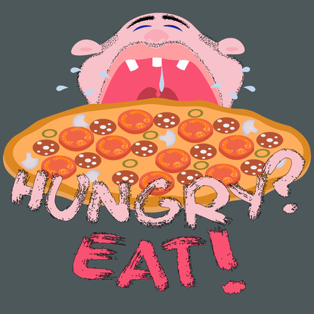 cartoon man bites off a pizza with the inscription hungryのイラスト素材