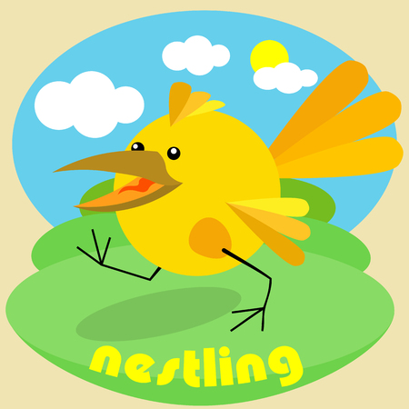 chick walks on the green grass against the sky and the sunのイラスト素材