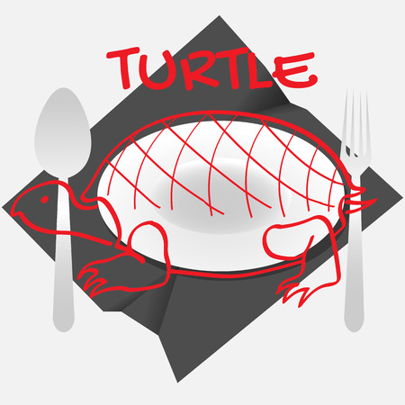 logo turtle dishes with a turtle plate and cutlery on a crumpled napkinのイラスト素材