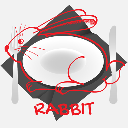 rabbit dish logo with a rabbit-shaped plate and cutlery on a crumpled napkinのイラスト素材