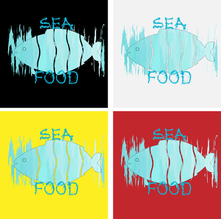 logo of sea food from cut fish on the background of strokes of watercolor of the color of sea waterのイラスト素材