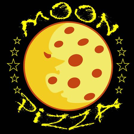 moon pizza logo or sticker on black background with faceのイラスト素材
