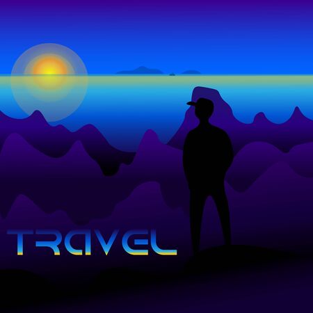 illustration of a travel with a human figure on the background of a sea of mountains and the sunのイラスト素材