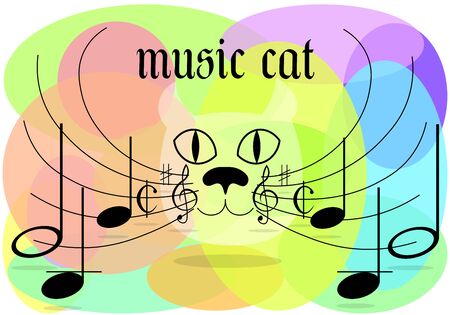 art color classic music logo cat with notes on a mustacheのイラスト素材