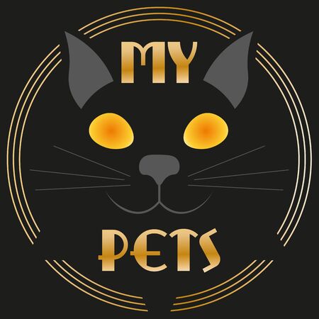 art minimal black logo cat pets in art deco style and goldのイラスト素材