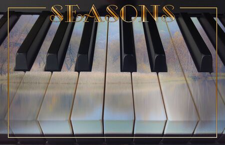 classical music background photo double exposure of piano keys and autumn landscape creativeの写真素材