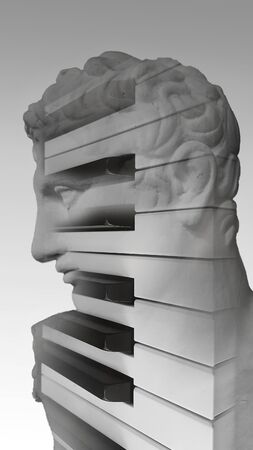 art background photo double exposure of piano keyboard and man