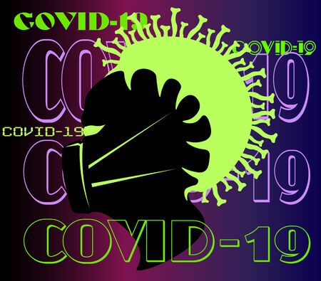 art minimal logo of a coronavirus pandemic with a silhouette of a human head in a mask with the virus that captured itのイラスト素材