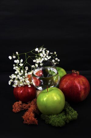art photo glass of water red and green apples moss of different colors on a black background 3の写真素材