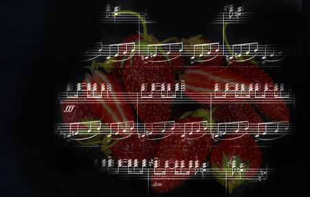 art photo double digital exposure strawberry and sheet music on a black backgroundの写真素材