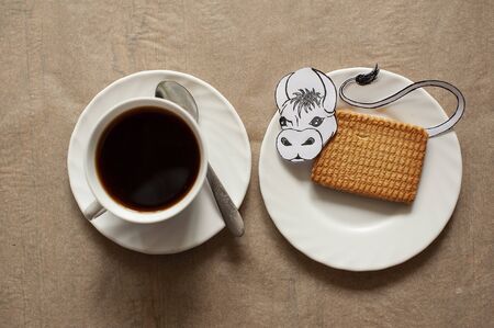 photo still life of a cup of coffee with a rectangular cookie and a painted bull on a beige backgroundの写真素材