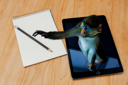 art photo double digital exposure with tablet notepad and monkey on wooden background