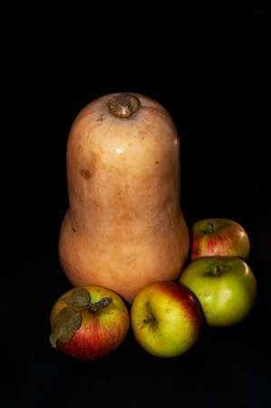 vertical photo of pumpkin and ripe apples close-up on black backgroundの写真素材